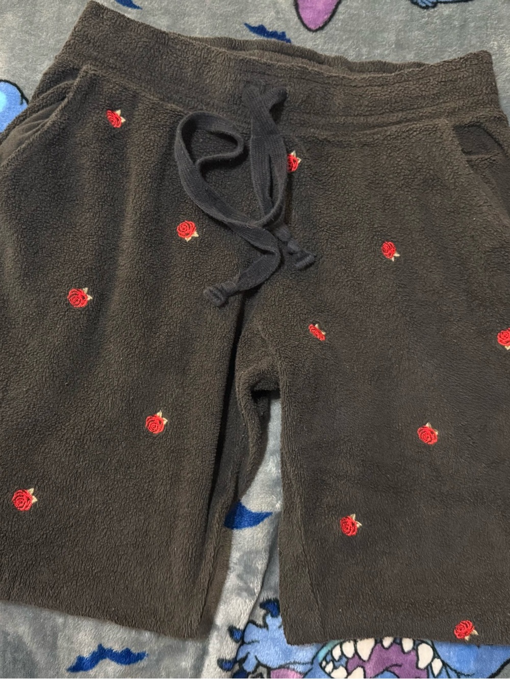 PINK Victoria's Secret Black Fleece Pants with Red Rose Embroidery